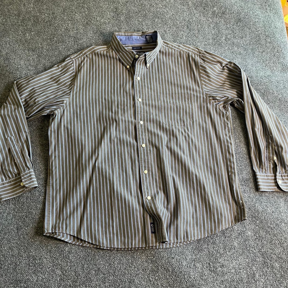 Chaps Mens XXL Easy Care Striped Button Down Shirt Brown Blue Long Sleeve